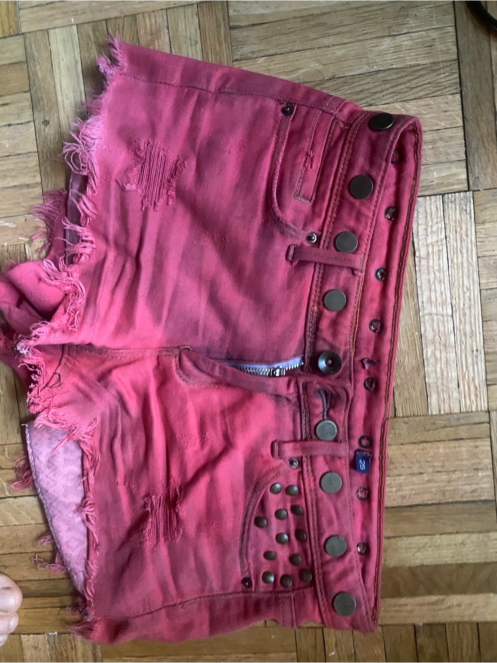 Pink Distressed Denim Shorts with Stud Accents